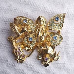 Vintage Kirks Folly Gold Tone Fairy Hummingbird Butterfly Snail‎ Crystal Brooch